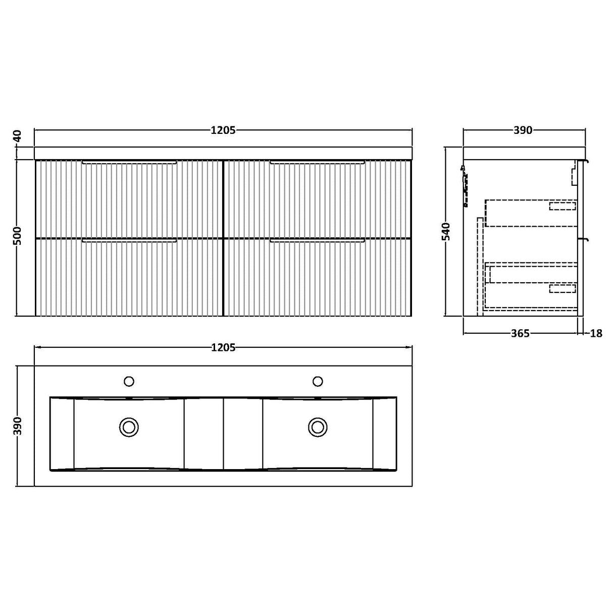 Hudson Reed Fluted 1200mm Wall Hung Double Vanity Unit & Basin, 4 Drawers Satin Grey DFF293F LD