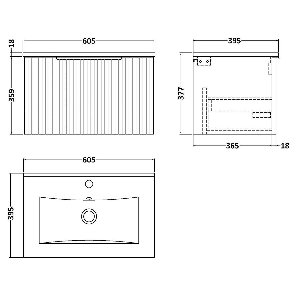 Hudson Reed Fluted 600mm Wall Hung Vanity Unit & Basin, 1 Drawer Satin Grey DFF294B LD