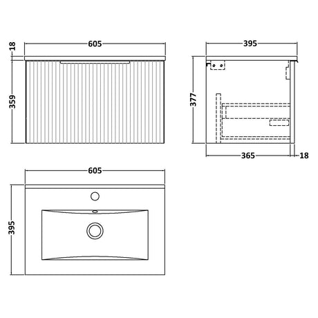 Hudson Reed Fluted 600mm Wall Hung Vanity Unit & Basin, 1 Drawer Satin Grey DFF294B LD
