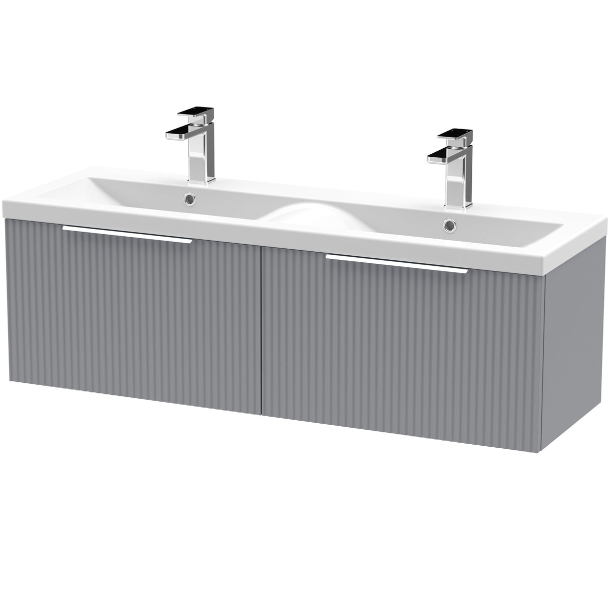 Hudson Reed Fluted 1200mm Wall Hung Double Vanity Unit & Basin, 2 Drawers Satin Grey DFF294F