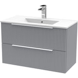 Hudson Reed Fluted 800mm Wall Hung Vanity Unit & Basin, 2 Drawer Satin Grey DFF295B