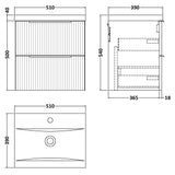 Hudson Reed Fluted 500mm Wall Hung Vanity Unit & Basin, 2 Drawer Satin Blue DFF392A LD