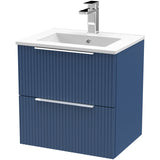 Hudson Reed Fluted 500mm Wall Hung Vanity Unit & Basin, 2 Drawer Satin Blue DFF392B