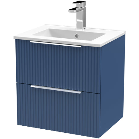 Hudson Reed Fluted 500mm Wall Hung Vanity Unit & Basin, 2 Drawer Satin Blue DFF392B