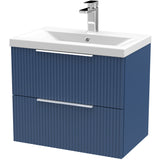 Hudson Reed Fluted 600mm Wall Hung Vanity Unit & Basin, 2 Drawer Satin Blue DFF393A