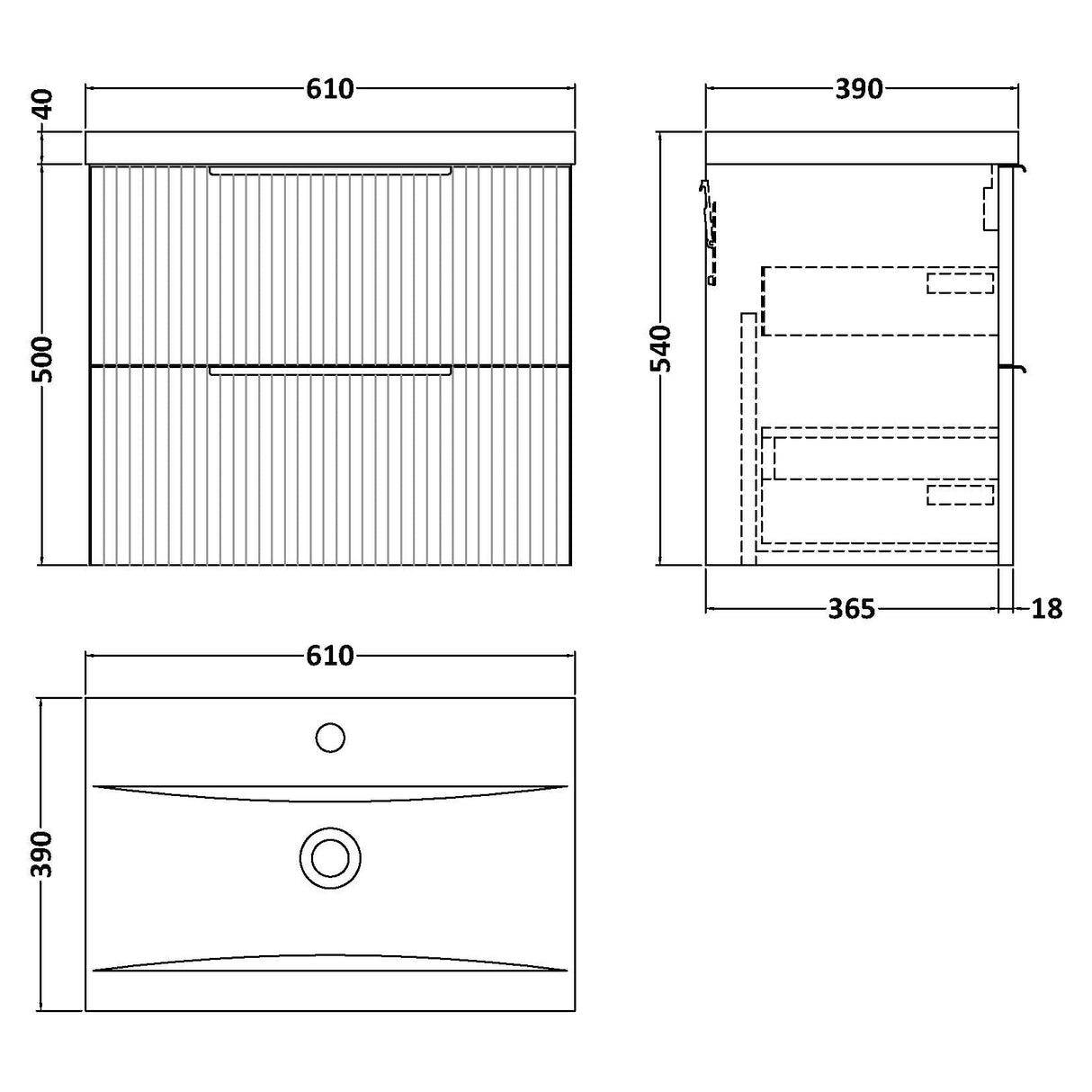 Hudson Reed Fluted 600mm Wall Hung Vanity Unit & Basin, 2 Drawer Satin Blue DFF393A LD