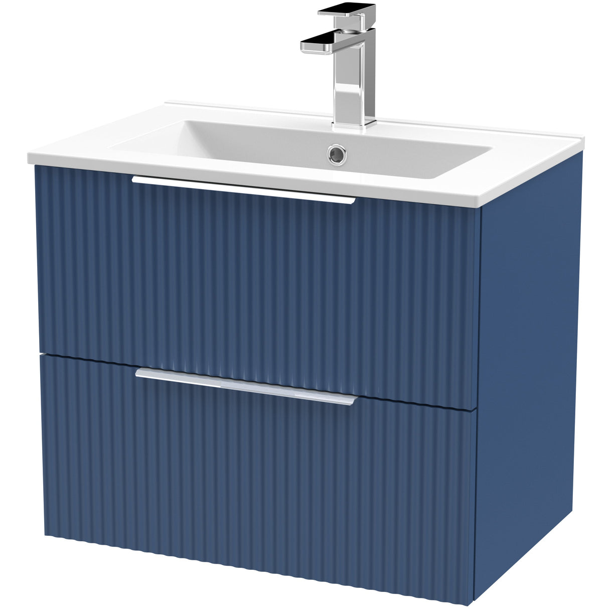 Hudson Reed Fluted 600mm Wall Hung Vanity Unit & Basin, 2 Drawer Satin Blue DFF393B
