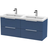 Hudson Reed Fluted 1200mm Wall Hung Double Vanity Unit & Basin, 4 Drawers Satin Blue DFF393C