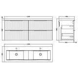 Hudson Reed Fluted 1200mm Wall Hung Double Vanity Unit & Basin, 4 Drawers Satin Blue DFF393F LD