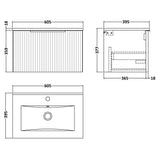 Hudson Reed Fluted 600mm Wall Hung Vanity Unit & Basin, 1 Drawer Satin Blue DFF394B LD