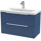 Hudson Reed Fluted 800mm Wall Hung Vanity Unit & Basin, 2 Drawer Satin Blue DFF395A