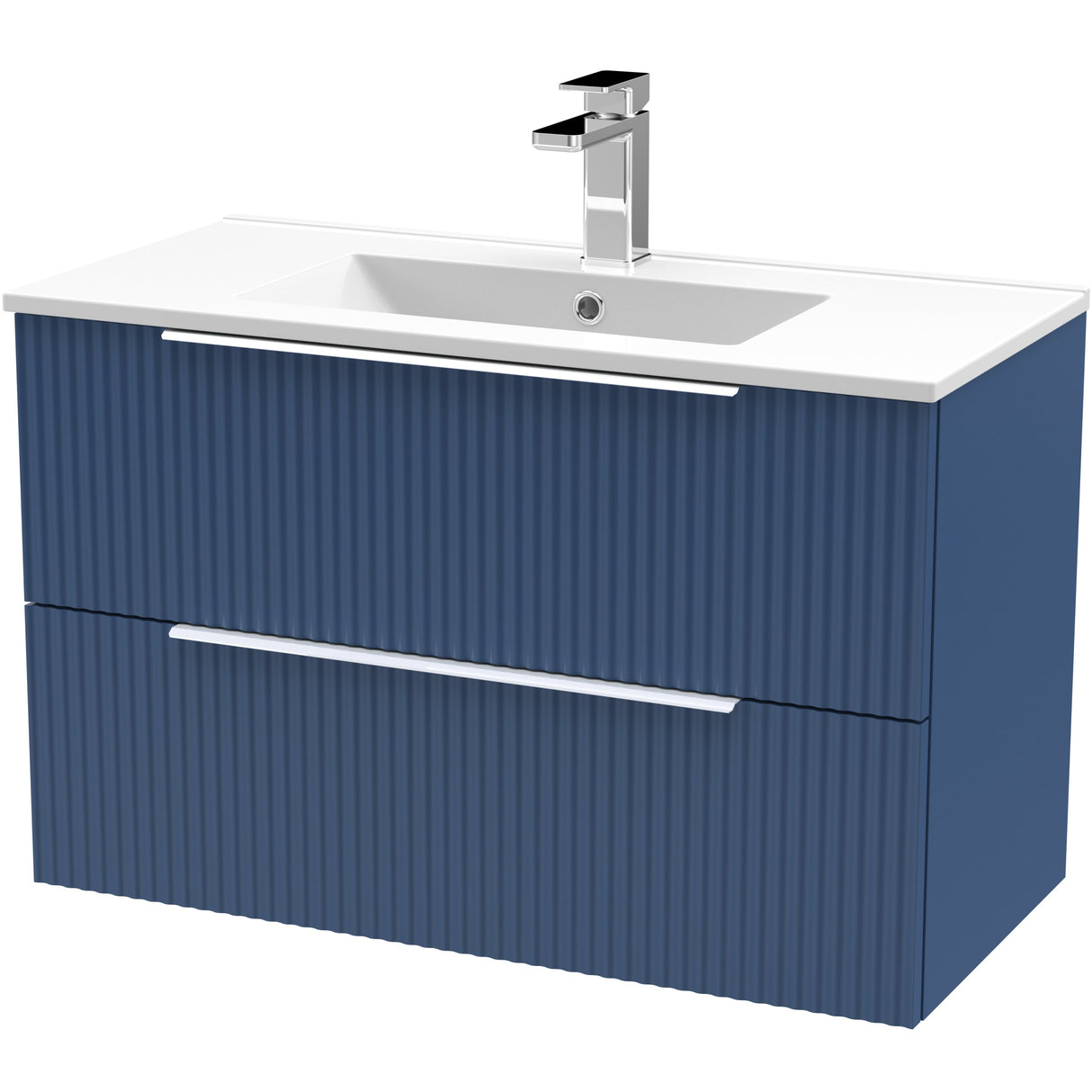 Hudson Reed Fluted 800mm Wall Hung Vanity Unit & Basin, 2 Drawer Satin Blue DFF395B