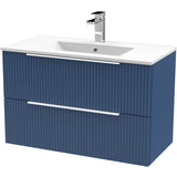 Hudson Reed Fluted 800mm Wall Hung Vanity Unit & Basin, 2 Drawer Satin Blue DFF395B