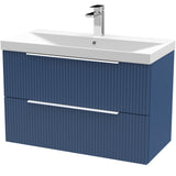 Hudson Reed Fluted 800mm Wall Hung Vanity Unit & Basin, 2 Drawer Satin Blue DFF395D