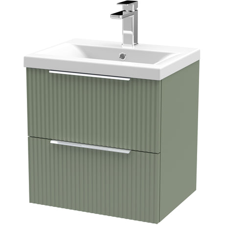 Hudson Reed Fluted 500mm Wall Hung Vanity Unit & Basin, 2 Drawer Satin Green DFF892A