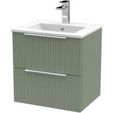 Hudson Reed Fluted 500mm Wall Hung Vanity Unit & Basin, 2 Drawer Satin Green DFF892B