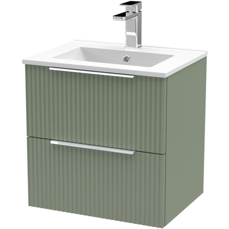 Hudson Reed Fluted 500mm Wall Hung Vanity Unit & Basin, 2 Drawer Satin Green DFF892B