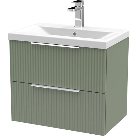 Hudson Reed Fluted 600mm Wall Hung Vanity Unit & Basin, 2 Drawer Satin Green DFF893A