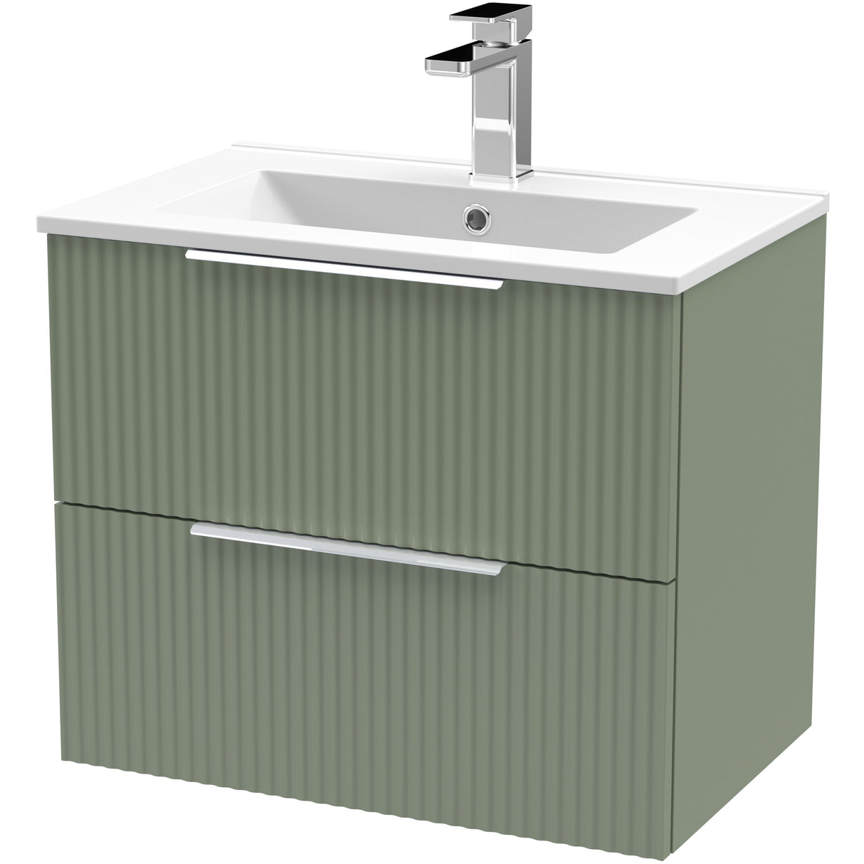 Hudson Reed Fluted 600mm Wall Hung Vanity Unit & Basin, 2 Drawer Satin Green DFF893B