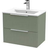 Hudson Reed Fluted 600mm Wall Hung Vanity Unit & Basin, 2 Drawer Satin Green DFF893B