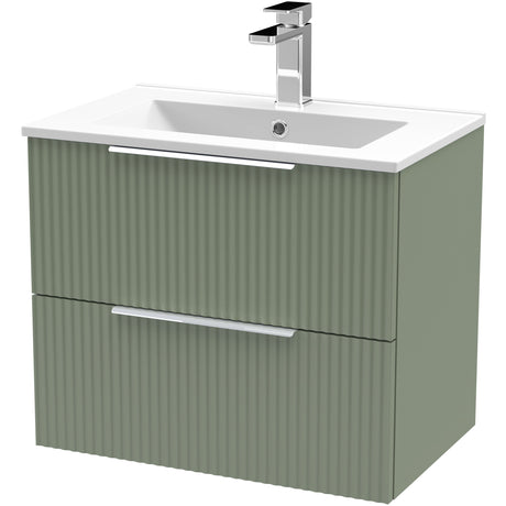 Hudson Reed Fluted 600mm Wall Hung Vanity Unit & Basin, 2 Drawer Satin Green DFF893B