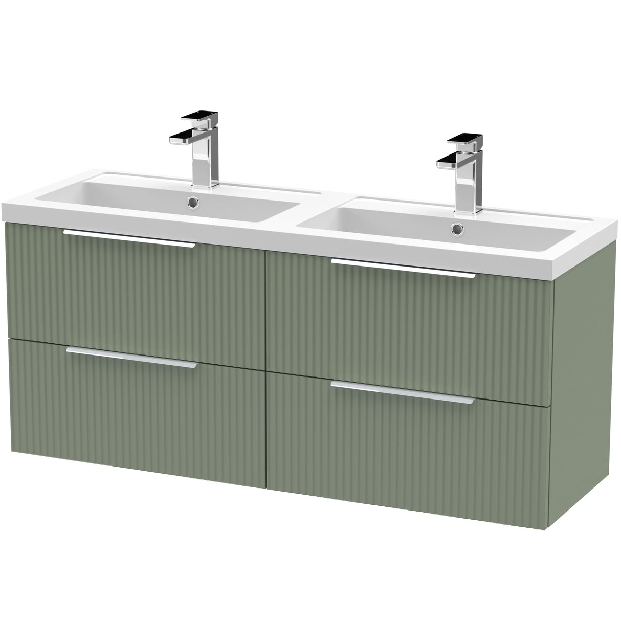 Hudson Reed Fluted 1200mm Wall Hung Double Vanity Unit & Basin, 4 Drawers Satin Green DFF893C