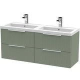 Hudson Reed Fluted 1200mm Wall Hung Double Vanity Unit & Basin, 4 Drawers Satin Green DFF893C