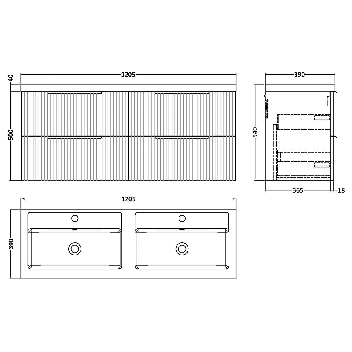 Hudson Reed Fluted 1200mm Wall Hung Double Vanity Unit & Basin, 4 Drawers Satin Green DFF893C LD