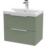 Hudson Reed Fluted 600mm Wall Hung Vanity Unit & Basin, 2 Drawer Satin Green DFF893D
