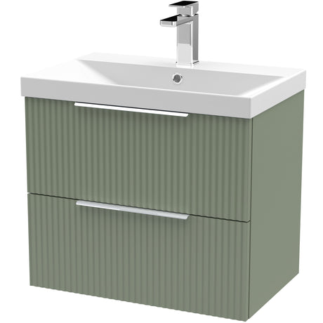 Hudson Reed Fluted 600mm Wall Hung Vanity Unit & Basin, 2 Drawer Satin Green DFF893D