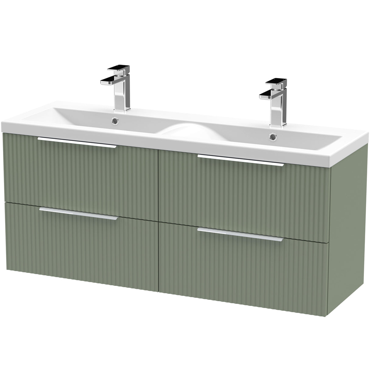 Hudson Reed Fluted 1200mm Wall Hung Double Vanity Unit & Basin, 4 Drawers Satin Green DFF893F