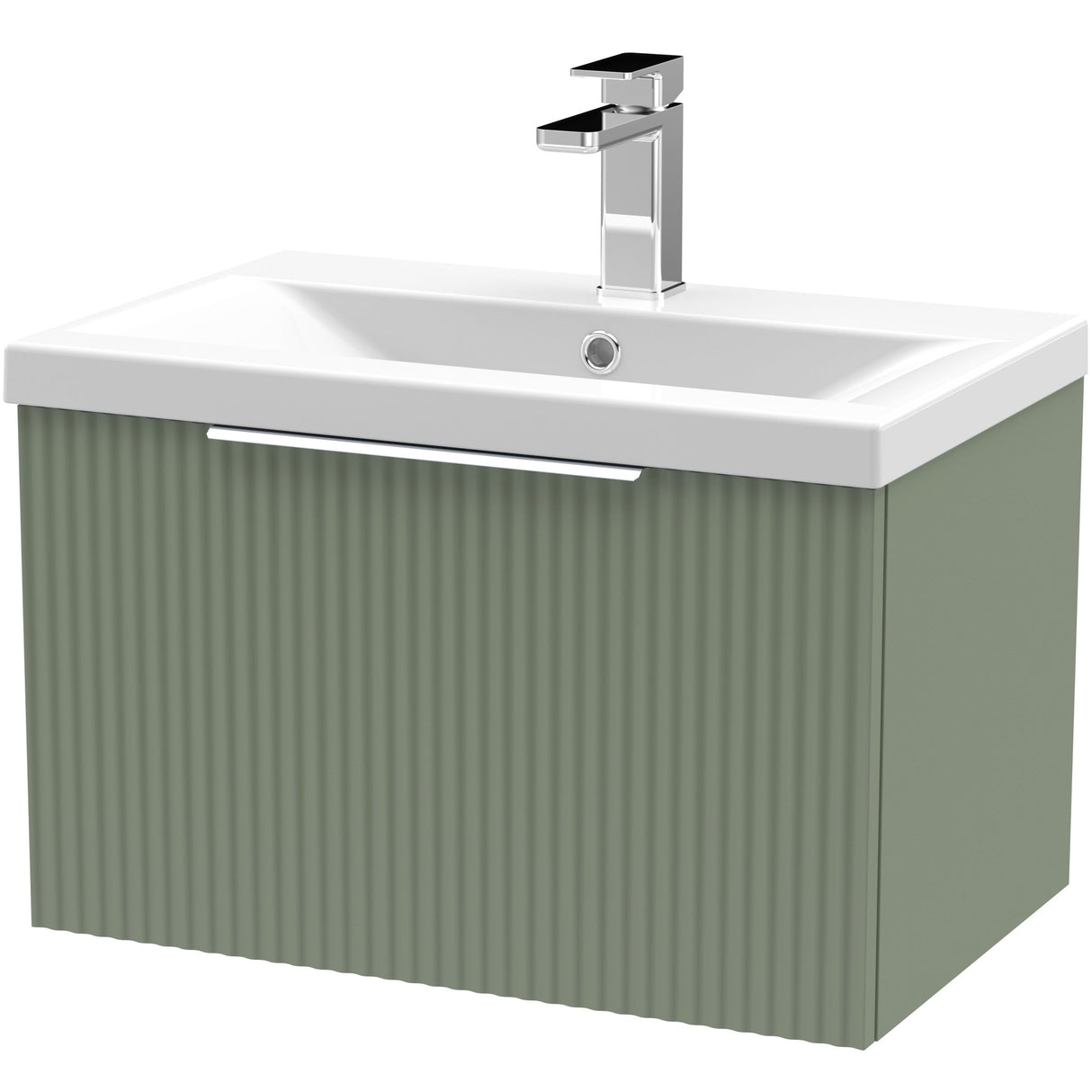 Hudson Reed Fluted 600mm Wall Hung Vanity Unit & Basin, 1 Drawer Satin Green DFF894A