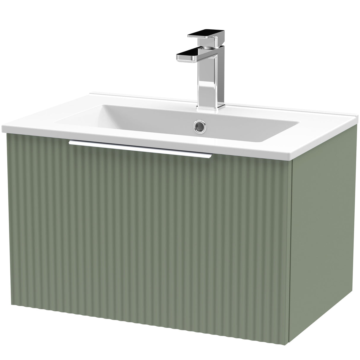Hudson Reed Fluted 600mm Wall Hung Vanity Unit & Basin, 1 Drawer Satin Green DFF894B