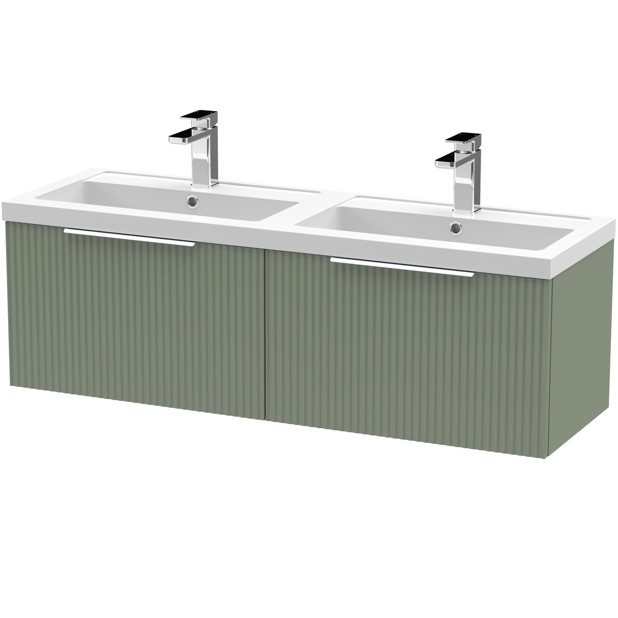 Hudson Reed Fluted 1200mm Wall Hung Double Vanity Unit & Basin, 2 Drawers Satin Green DFF894C