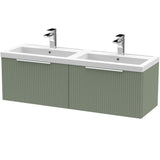 Hudson Reed Fluted 1200mm Wall Hung Double Vanity Unit & Basin, 2 Drawers Satin Green DFF894C