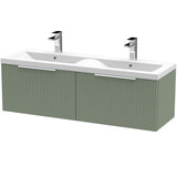 Hudson Reed Fluted 1200mm Wall Hung Double Vanity Unit & Basin, 2 Drawers Satin Green DFF894F