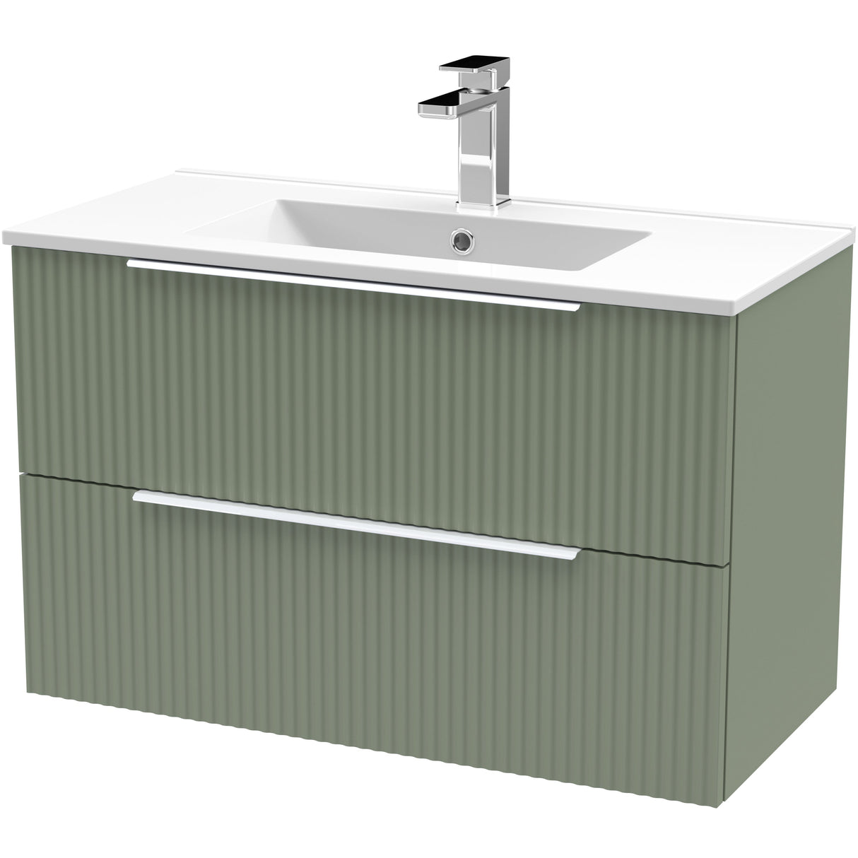 Hudson Reed Fluted 800mm Wall Hung Vanity Unit & Basin, 2 Drawer Satin Green DFF895B