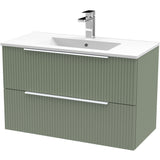 Hudson Reed Fluted 800mm Wall Hung Vanity Unit & Basin, 2 Drawer Satin Green DFF895B