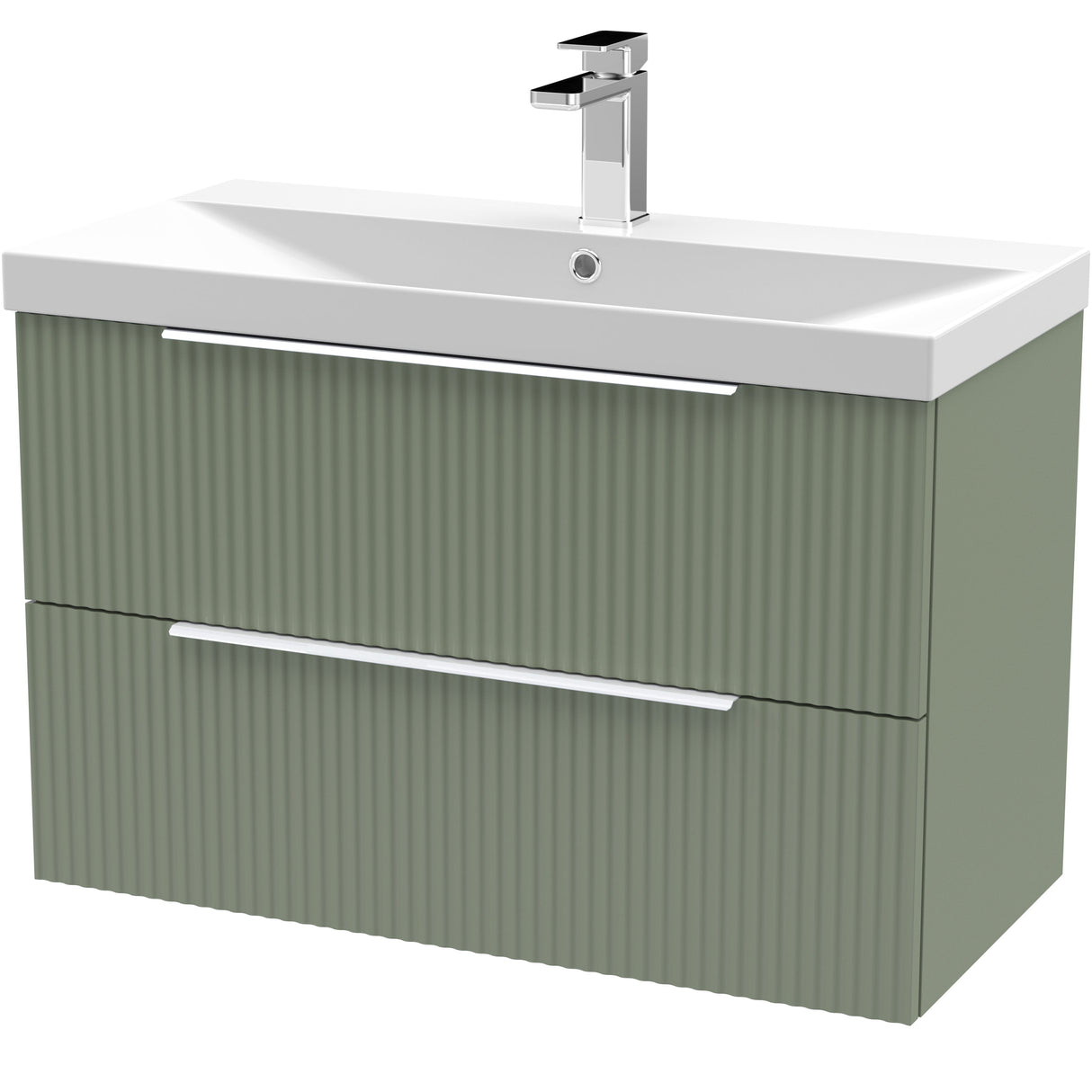 Hudson Reed Fluted 800mm Wall Hung Vanity Unit & Basin, 2 Drawer Satin Green DFF895D