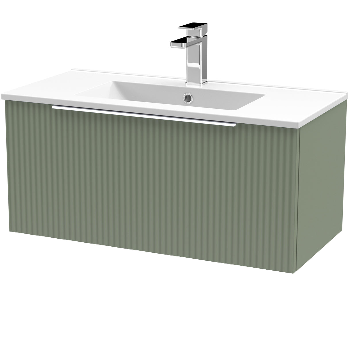 Hudson Reed Fluted 800mm Wall Hung Vanity Unit & Basin, 1 Drawer Satin Green DFF896B