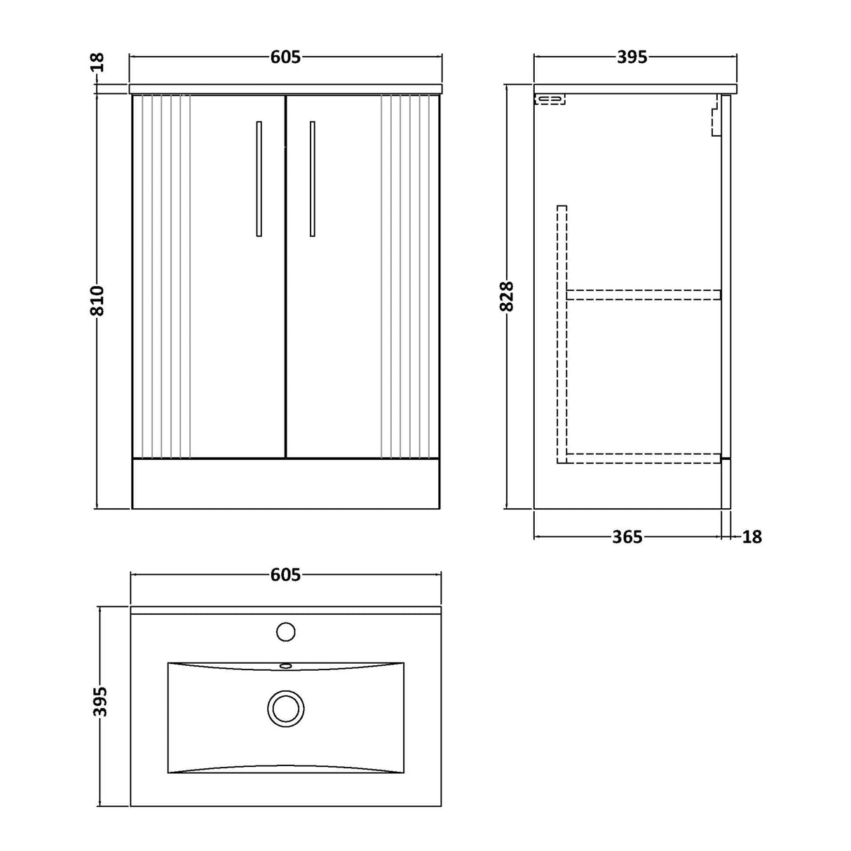Nuie Deco 600mm Freestanding 2 Door Vanity Unit & Basin Soft Black DPF1425B LD