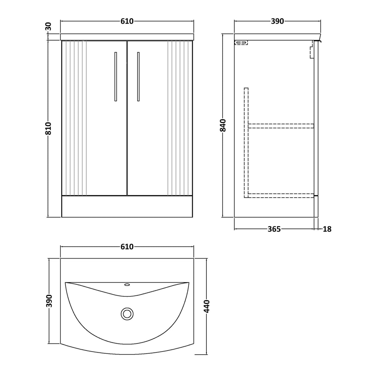 Nuie Deco 600mm Freestanding 2 Door Vanity Unit & Basin Soft Black DPF1425G LD