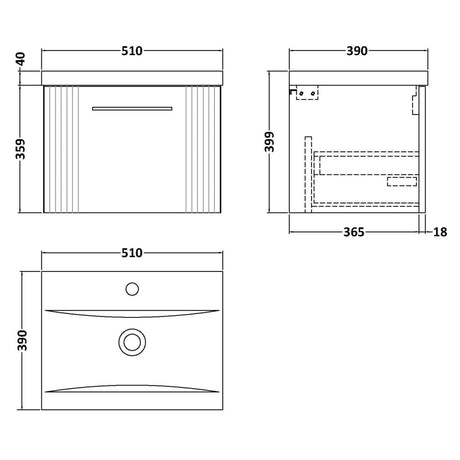 Nuie Deco 500mm Wall Hung 1 Drawer Vanity Unit & Basin Soft Black DPF1491A LD