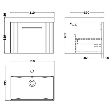 Nuie Deco 500mm Wall Hung 1 Drawer Vanity Unit & Basin Soft Black DPF1491D LD