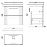 Nuie Deco 500mm Wall Hung 2 Drawer Vanity Unit & Basin Soft Black DPF1492D LD