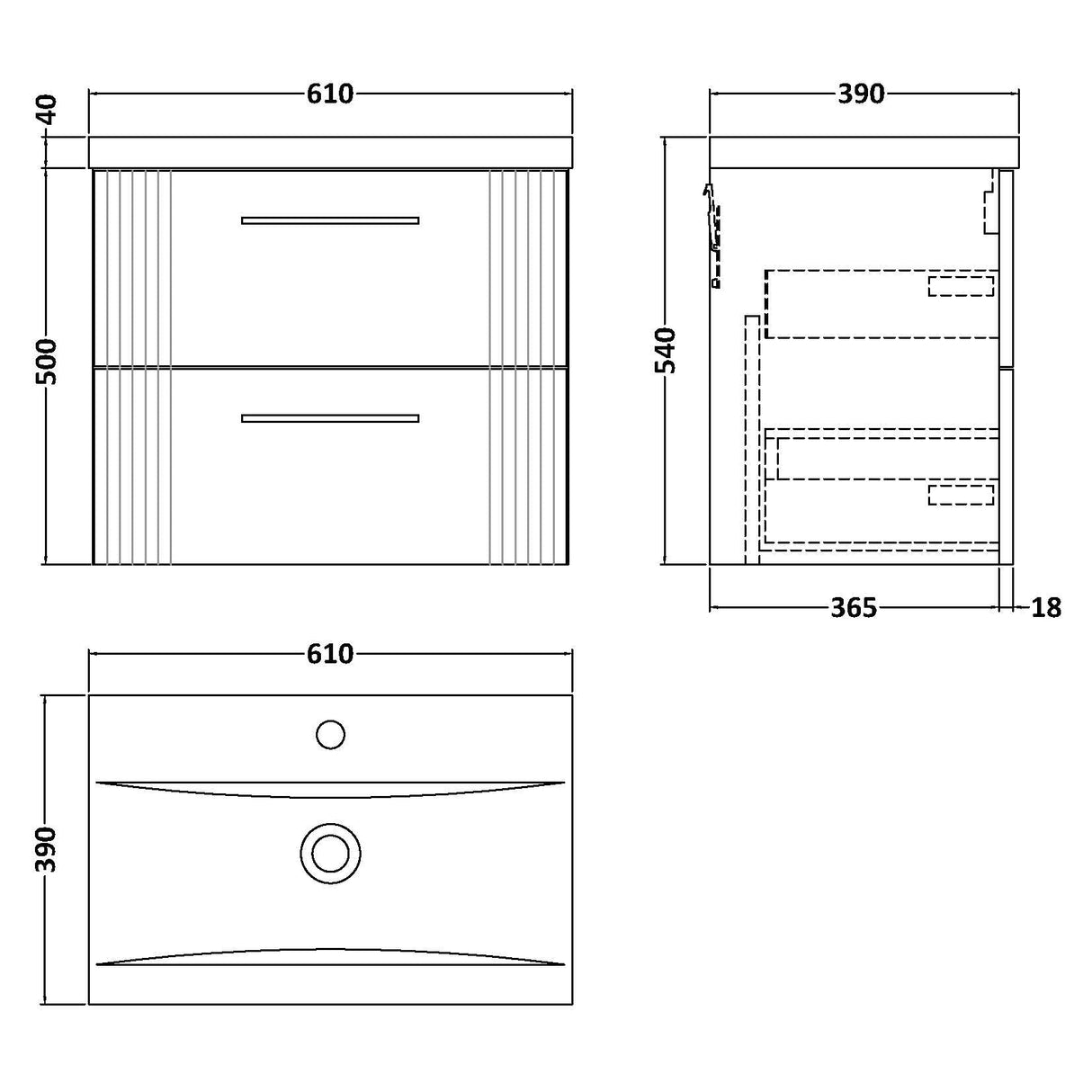 Nuie Deco 600mm Wall Hung 2 Drawer Vanity Unit & Basin Soft Black DPF1493A LD