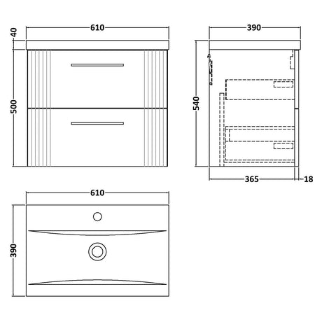 Nuie Deco 600mm Wall Hung 2 Drawer Vanity Unit & Basin Soft Black DPF1493A LD