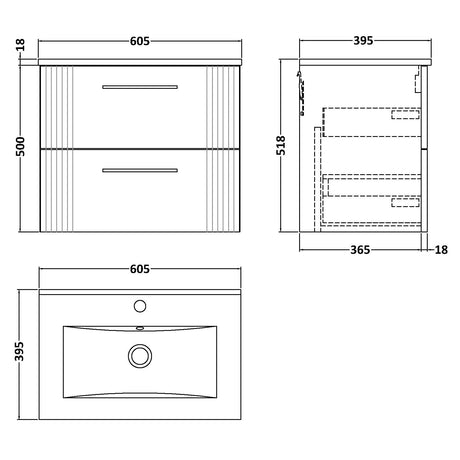 Nuie Deco 600mm Wall Hung 2 Drawer Vanity Unit & Basin Soft Black DPF1493B LD
