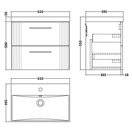 Nuie Deco 600mm Wall Hung 2 Drawer Vanity Unit & Basin Soft Black DPF1493D LD