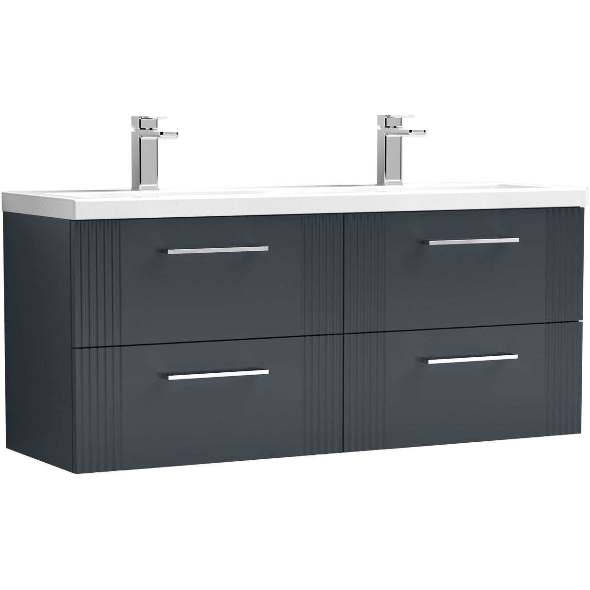 Nuie Deco 1200mm Wall Hung Double Basin Vanity Unit & Basin, 4 Drawers Soft Black DPF1493F